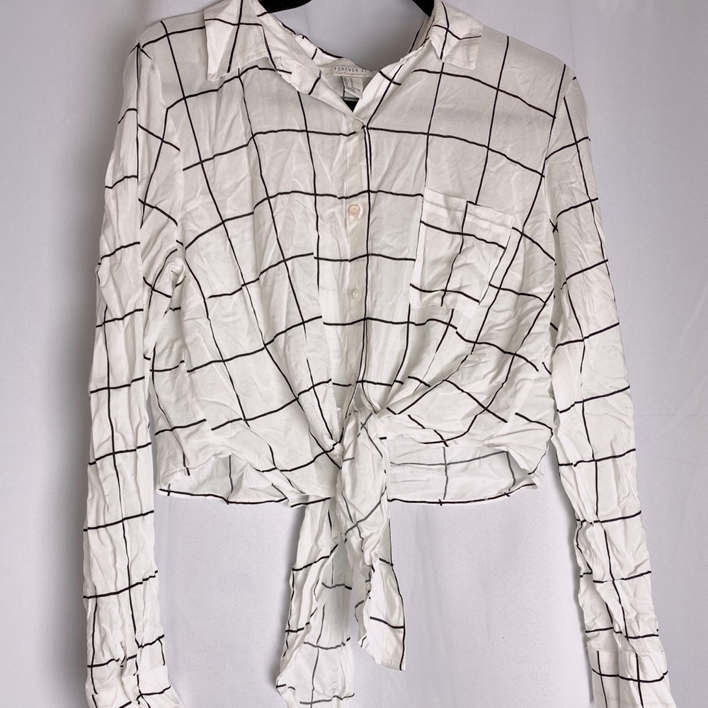 Cropped long sleeve button down tie front